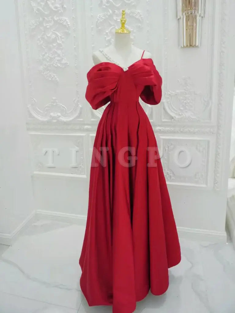 Wholesale A-Line Off Shoulder Satin Red Long Prom Dress Red Long Formal Dress gowns evening dresses